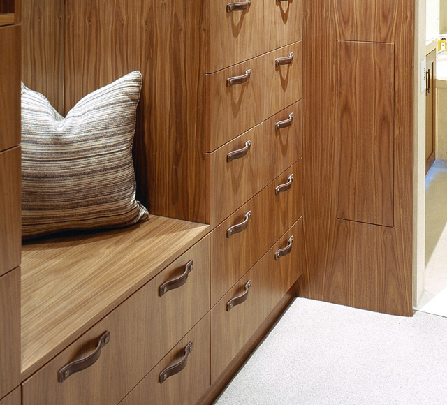 Walk-in Closet with Strap Leather Cabinet Pull Handles in Chestnut