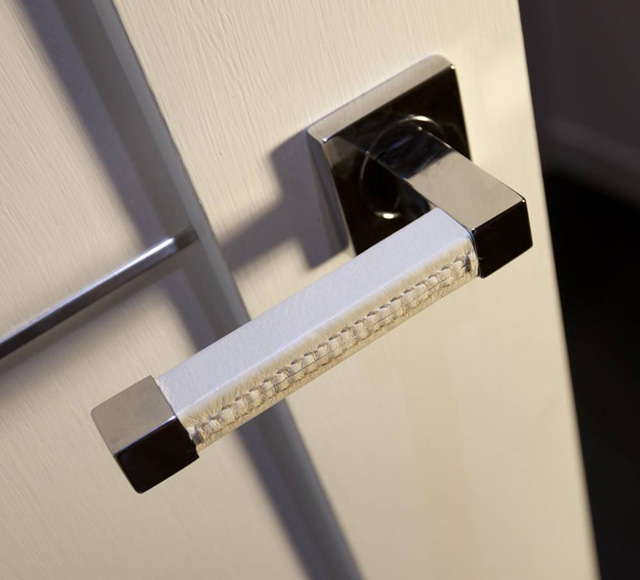 Recess Leather Radius Square Door Lever in Custom White Finish and Polished Nickel