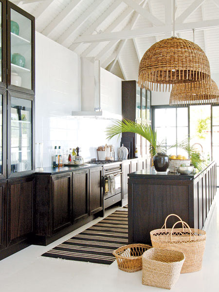 Kitchen with Wicker Pendant Lamps