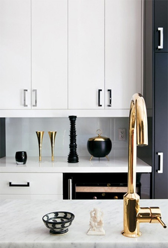 Brass Faucet with Black and White Kitchen